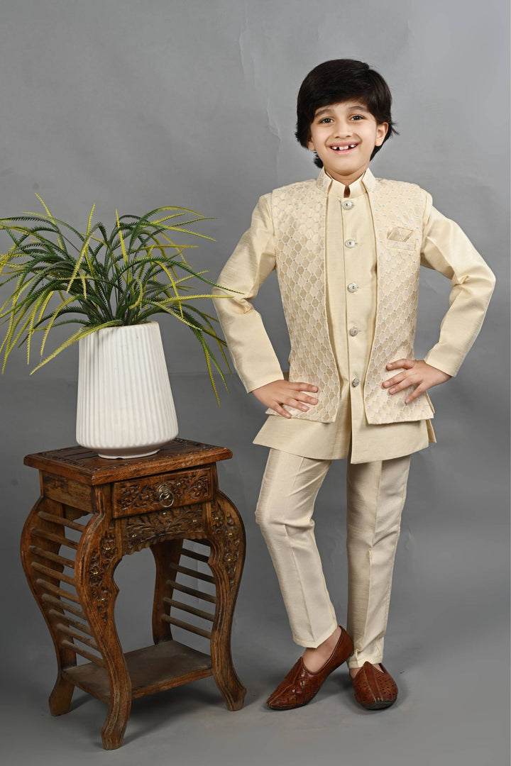 Ahhaaaa Kids Ethnic Silk Blend Waistcoat Kurta Pyjama 3 Piece Sherwani Set For Boys Beige