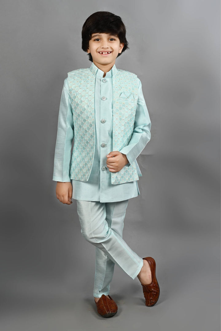 Ahhaaaa Kids Ethnic Silk Blend Waistcoat Kurta Pyjama 3 Piece Sherwani Set For Boys