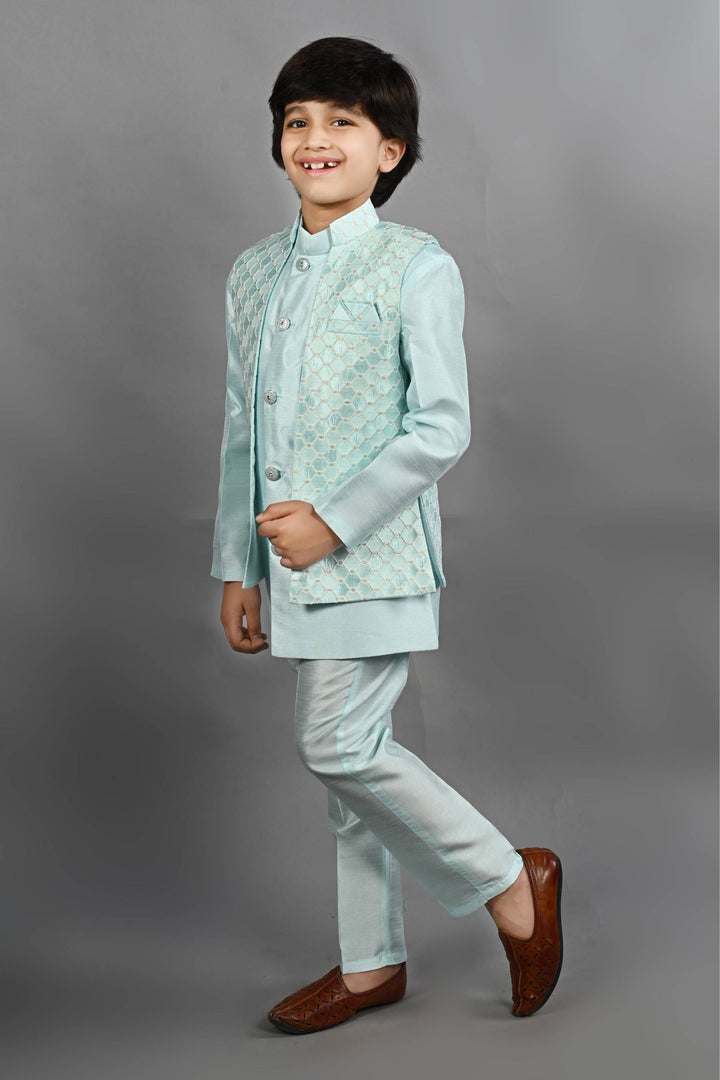 Ahhaaaa Kids Ethnic Silk Blend Waistcoat Kurta Pyjama 3 Piece Sherwani Set For Boys