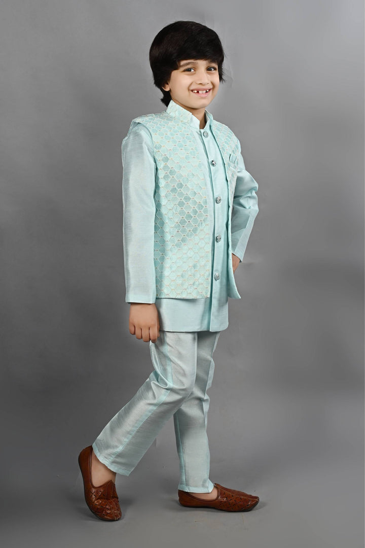 Ahhaaaa Kids Ethnic Silk Blend Waistcoat Kurta Pyjama 3 Piece Sherwani Set For Boys