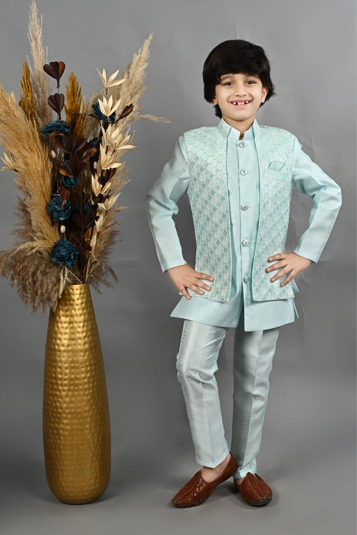 Ahhaaaa Kids Ethnic Silk Blend Waistcoat Kurta Pyjama 3 Piece Sherwani Set For Boys Blue