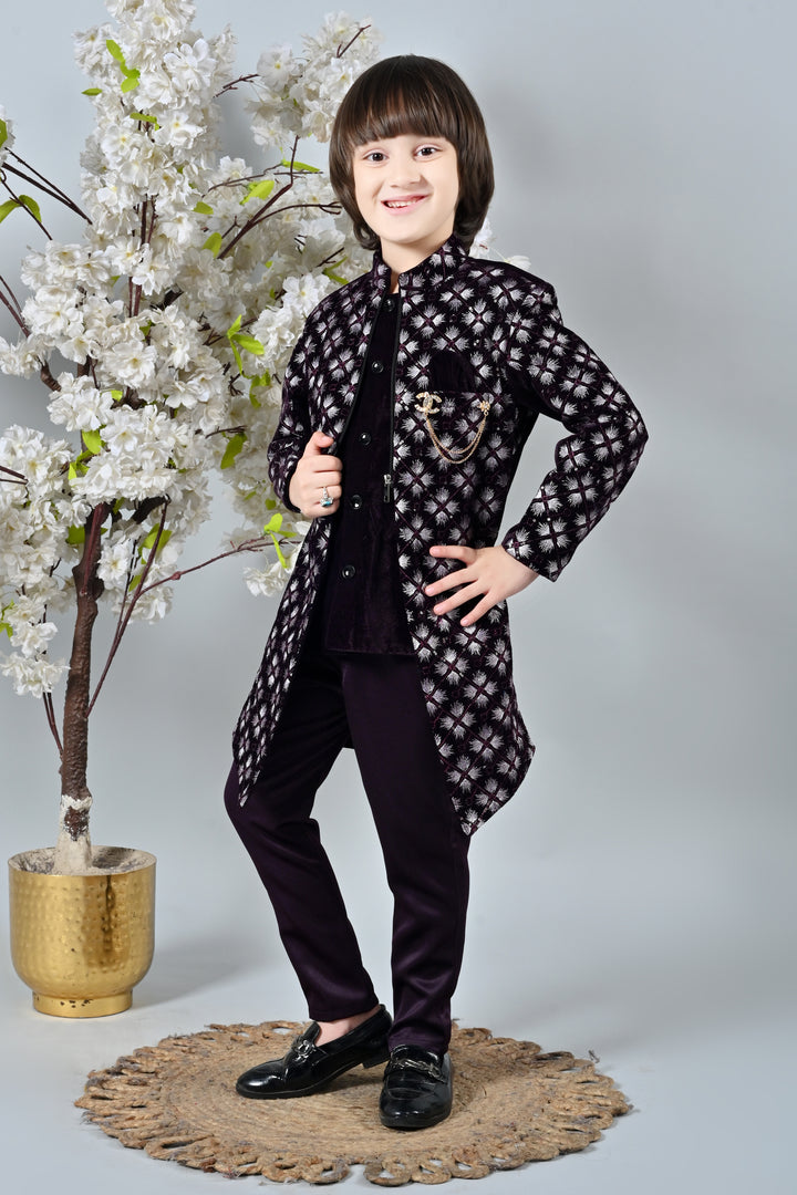 Ahhaaaa Boy's Velvet Work 2-Piece Indo-Western Set|Kids Embroidered Velvet Sherwani Set for Boy|Zipper Closer||