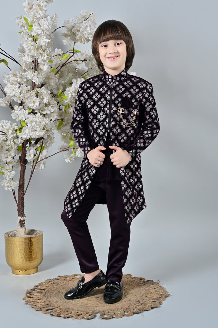 Ahhaaaa Boy's Velvet Work 2-Piece Indo-Western Set|Kids Embroidered Velvet Sherwani Set for Boy|Zipper Closer|| Purple