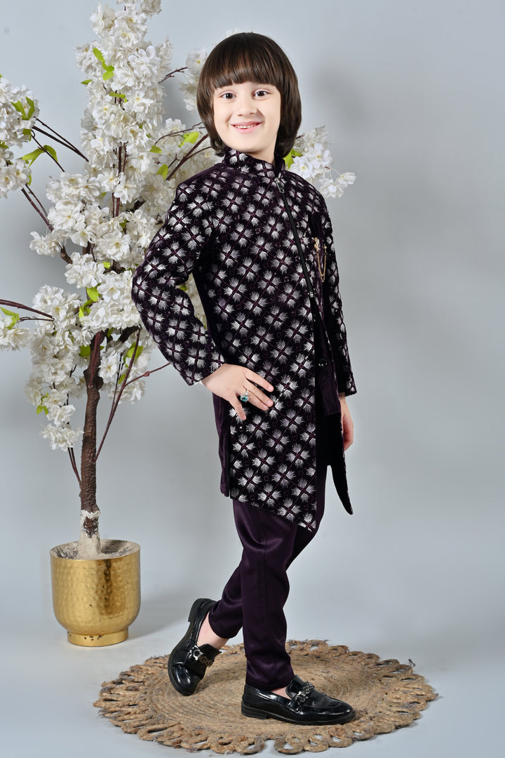 Ahhaaaa Boy's Velvet Work 2-Piece Indo-Western Set|Kids Embroidered Velvet Sherwani Set for Boy|Zipper Closer||