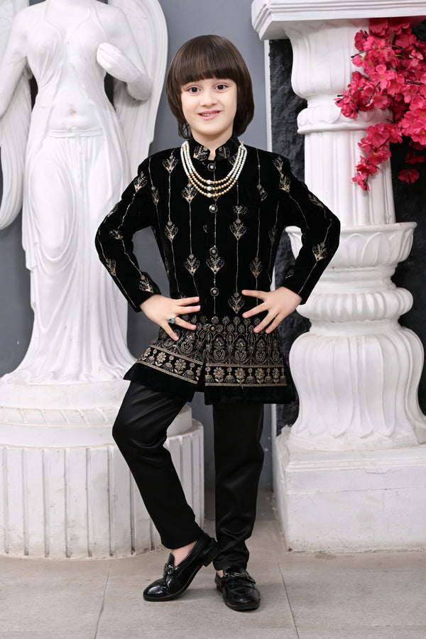 Ahhaaaa Boy's Velvet 2-Piece Indo-Western Set|Kids Embroidery Work Velvet Sherwani Set