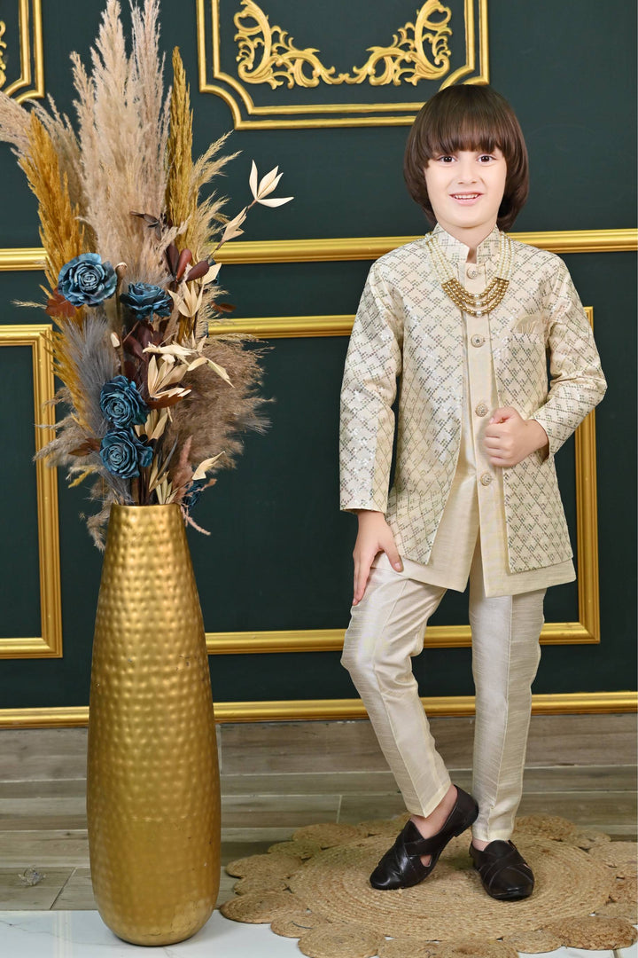 Ahhaaaa Kids Ethnic Jacquard Silk Sequin Printed Indo-Western Sherwani Set with Maala for Boys