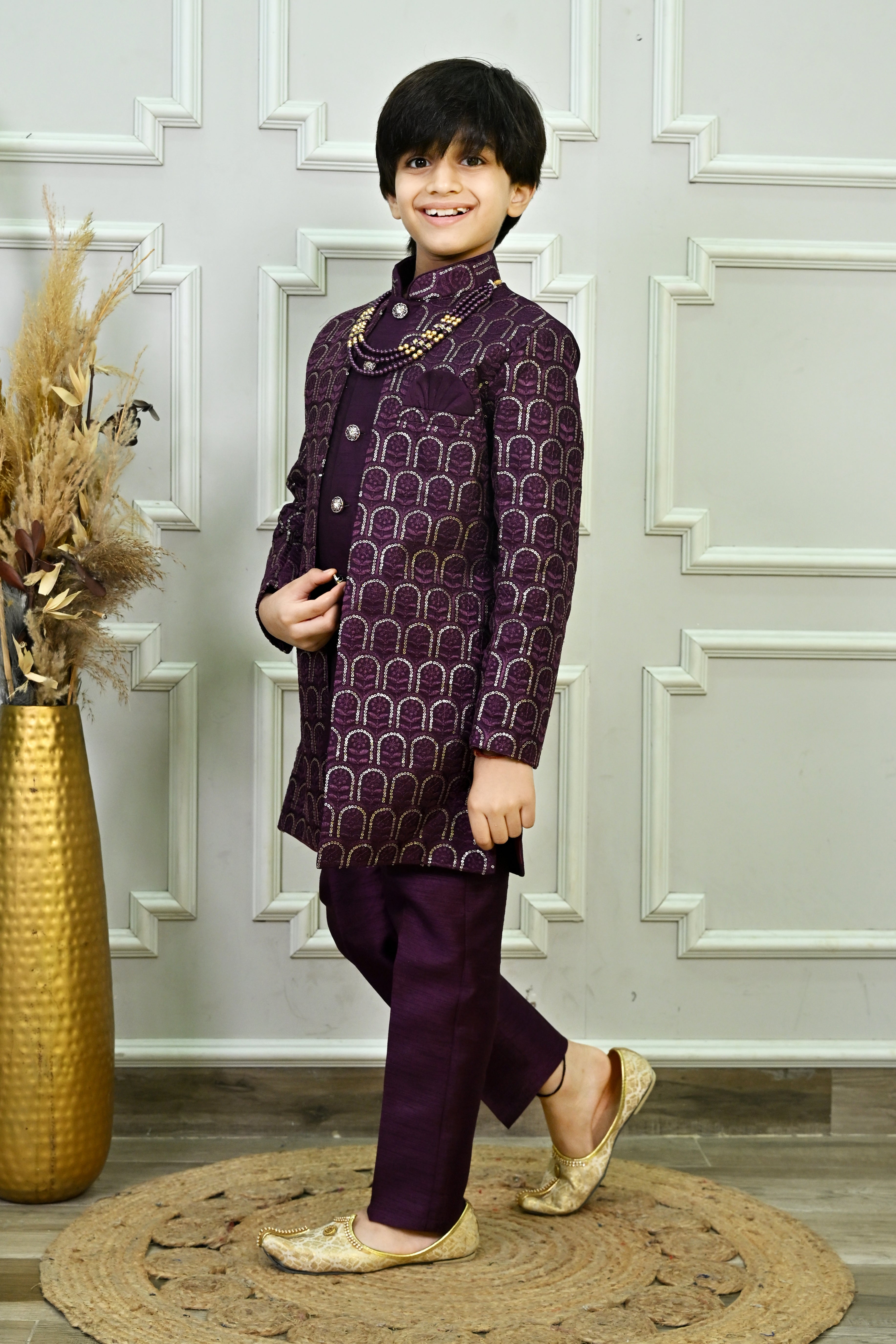 Ahhaaaa Regal Dupian Silk Indo-Western Sherwani Set for Boys with Tonal Embroidery