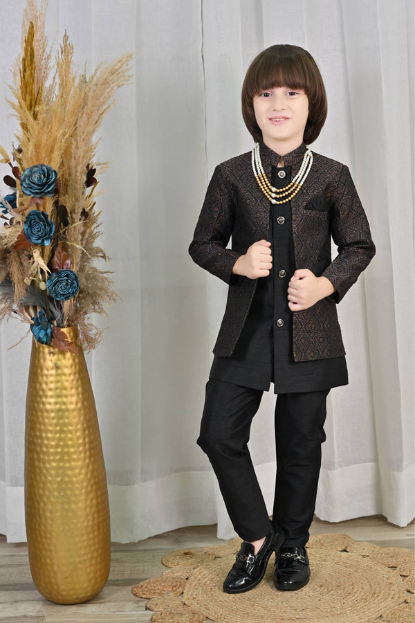 Ahhaaaa Kids Ethnic Zari Work Sherwani Waistcoat, Kurta and Pyjama with Moti Mala for Boys Black