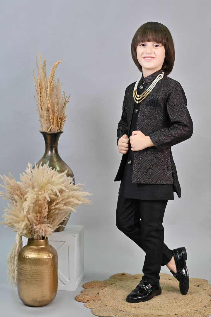 Ahhaaaa Kids Ethnic Zari Work Sherwani Waistcoat, Kurta and Pyjama with Moti Mala for Boys