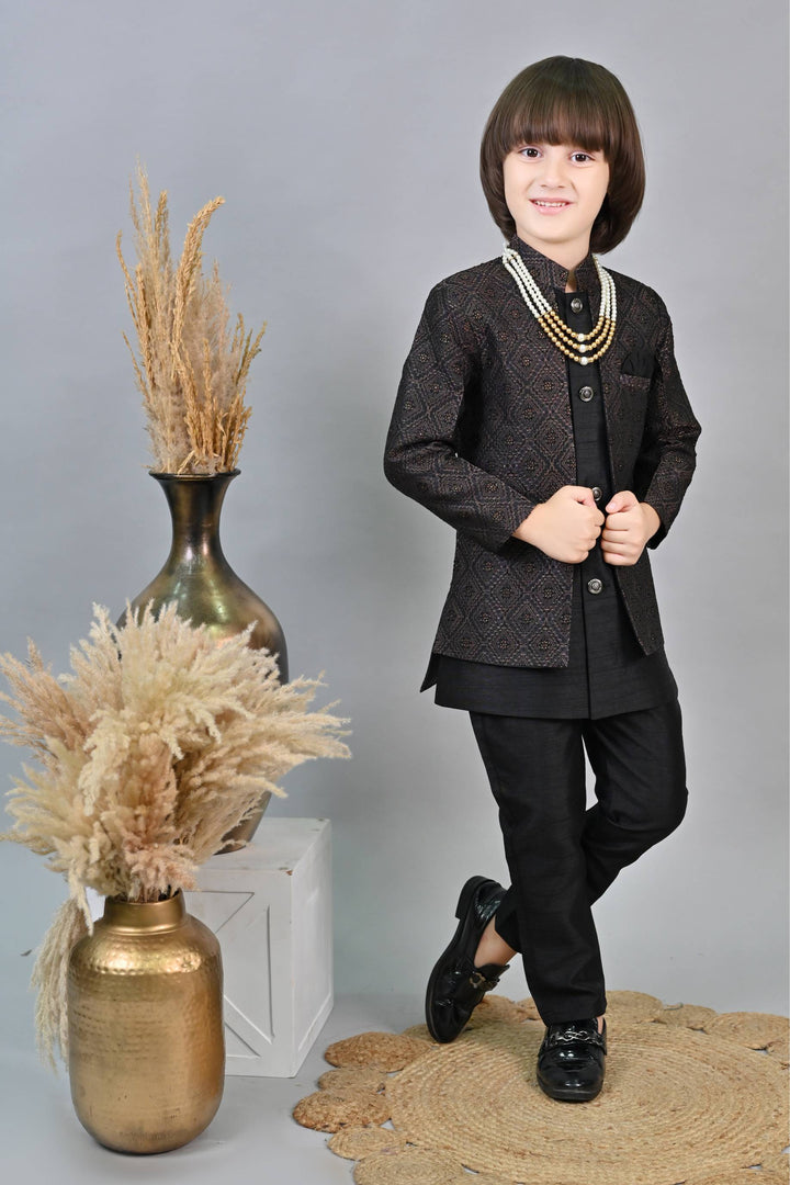 Ahhaaaa Kids Ethnic Zari Work Sherwani Waistcoat, Kurta and Pyjama with Moti Mala for Boys