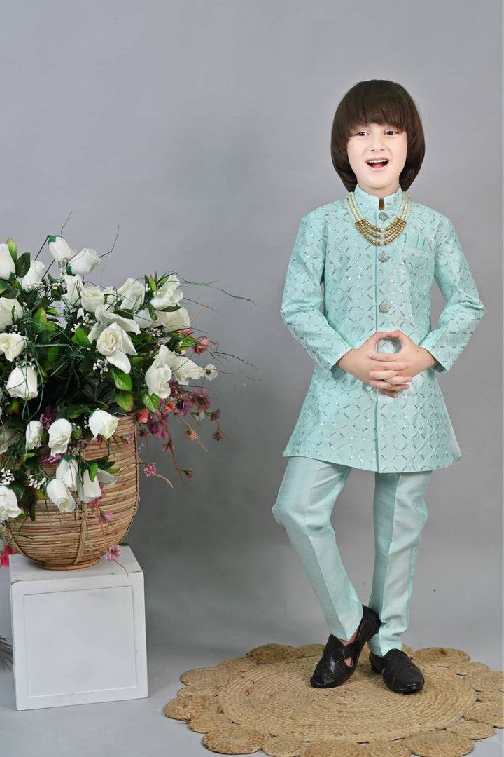 Ahhaaaa Kids Ethnic Sequin Embellished Indo-Western Kurta and Trouser Set for Boys