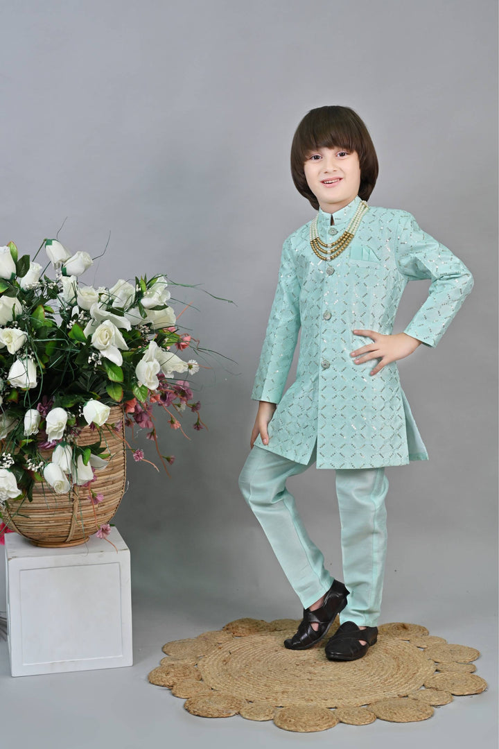 Ahhaaaa Kids Ethnic Sequin Embellished Indo-Western Kurta and Trouser Set for Boys