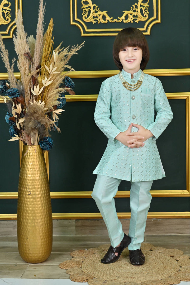 Ahhaaaa Kids Ethnic Sequin Embellished Indo-Western Kurta and Trouser Set for Boys Turquoise Blue