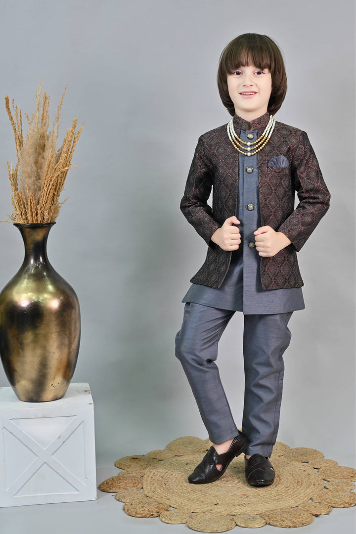 Ahhaaaa Kids Ethnic Zari Work Sherwani Waistcoat, Kurta and Pyjama with Moti Mala for Boys