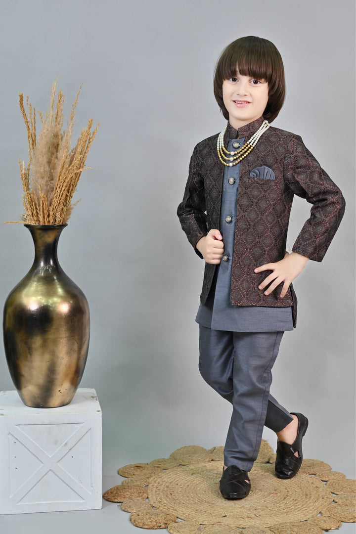 Ahhaaaa Kids Ethnic Zari Work Sherwani Waistcoat, Kurta and Pyjama with Moti Mala for Boys