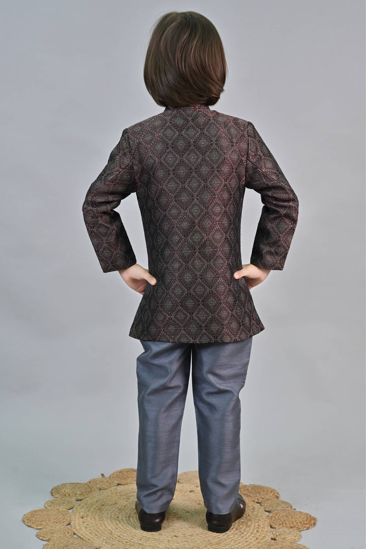 Ahhaaaa Kids Ethnic Zari Work Sherwani Waistcoat, Kurta and Pyjama with Moti Mala for Boys