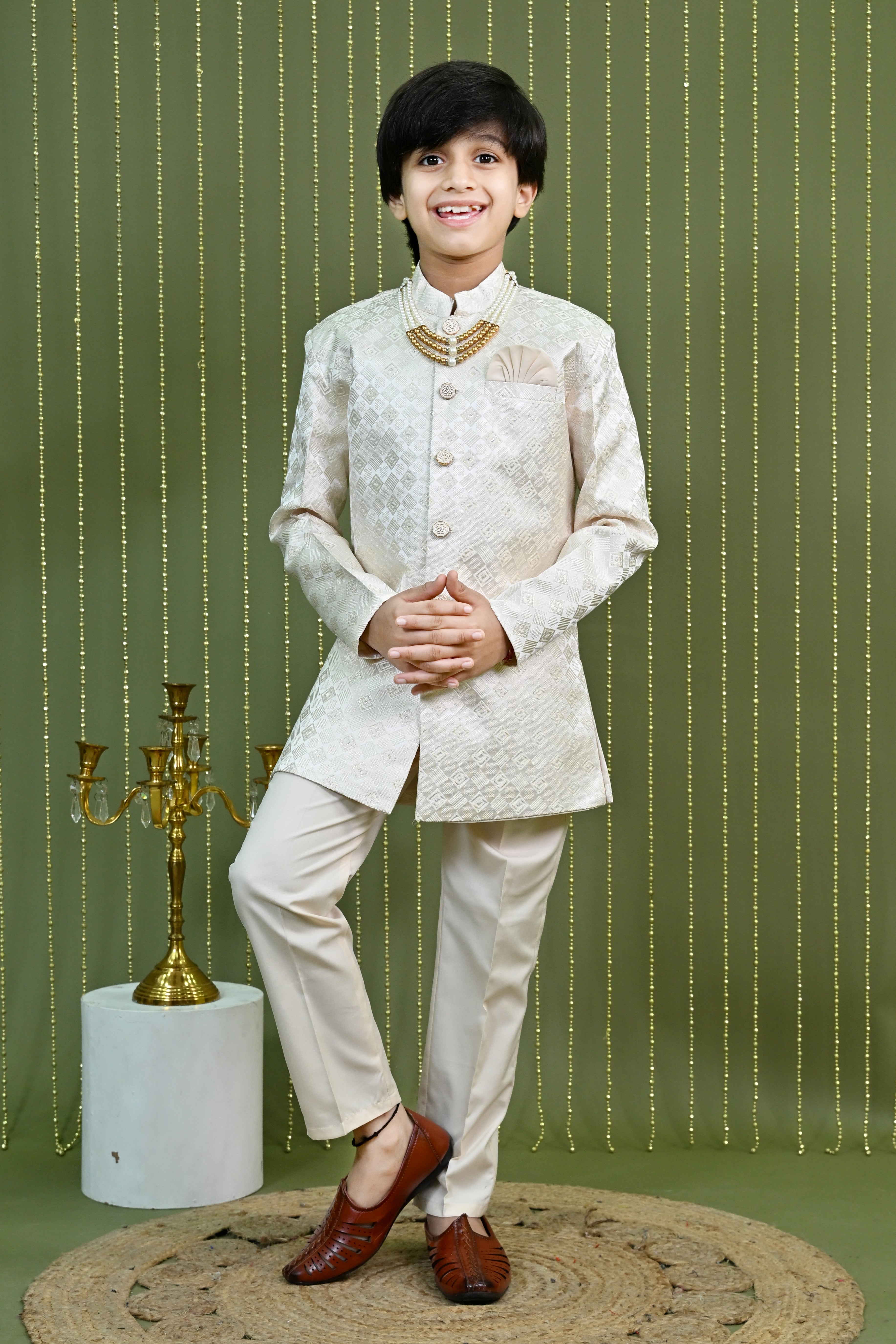 Ahhaaaa Boys Jodhpuri Sherwani Suit – 2 Piece Cream Jacquard with Zari Work Cream