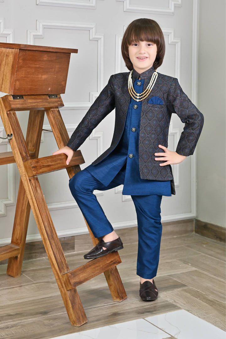 Ahhaaaa Kids Ethnic Zari Work Sherwani Waistcoat, Kurta and Pyjama with Moti Mala for Boys Blue