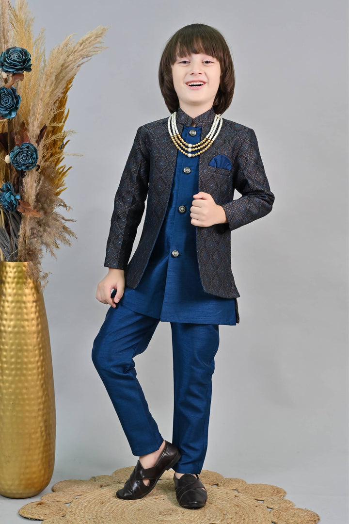 Ahhaaaa Kids Ethnic Zari Work Sherwani Waistcoat, Kurta and Pyjama with Moti Mala for Boys