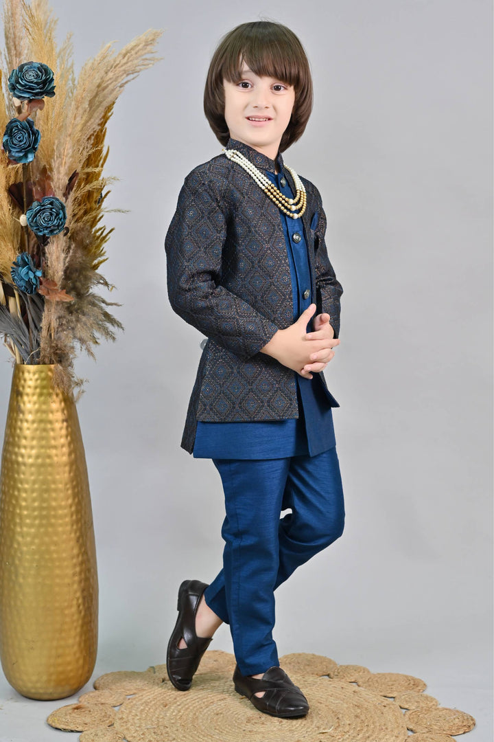 Ahhaaaa Kids Ethnic Zari Work Sherwani Waistcoat, Kurta and Pyjama with Moti Mala for Boys