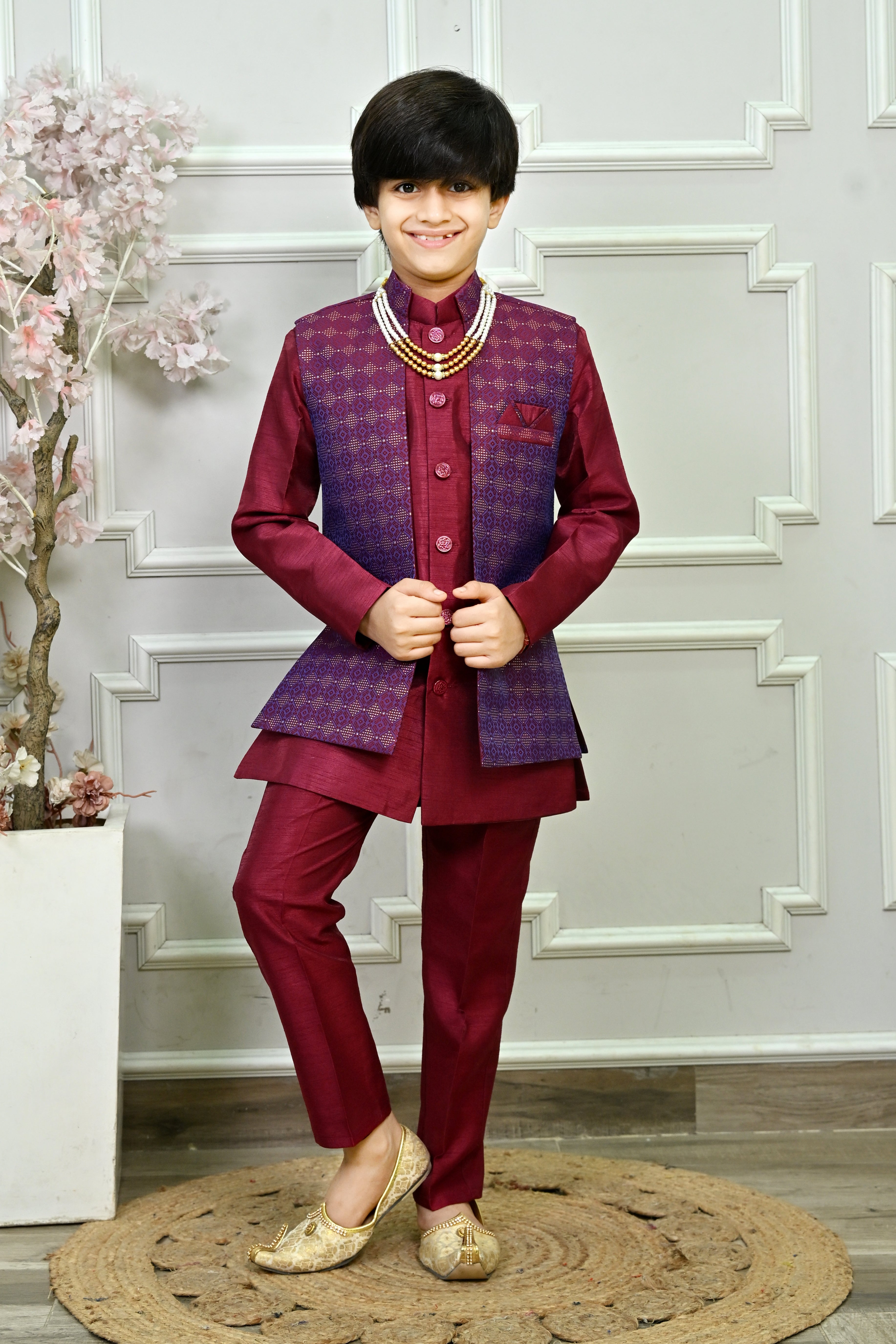Ahhaaaa Boys Indo-Western Sherwani Kurta Set with Nehru Jacket & Maala – Kids Ethnic Party Wear Red