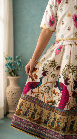Ahhaaaa Girls' Peacock Kalamkari Print Chaniya Choli | Festive Lehenga Blouse & Draped Dupatta 3-Piece Set