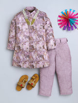 Ahhaaaa Boys' Silk Blend Floral Printed Jodhpuri Bandhgala Suit Set | Kids Ethnic Wear for Wedding and Festive Occasions Pink