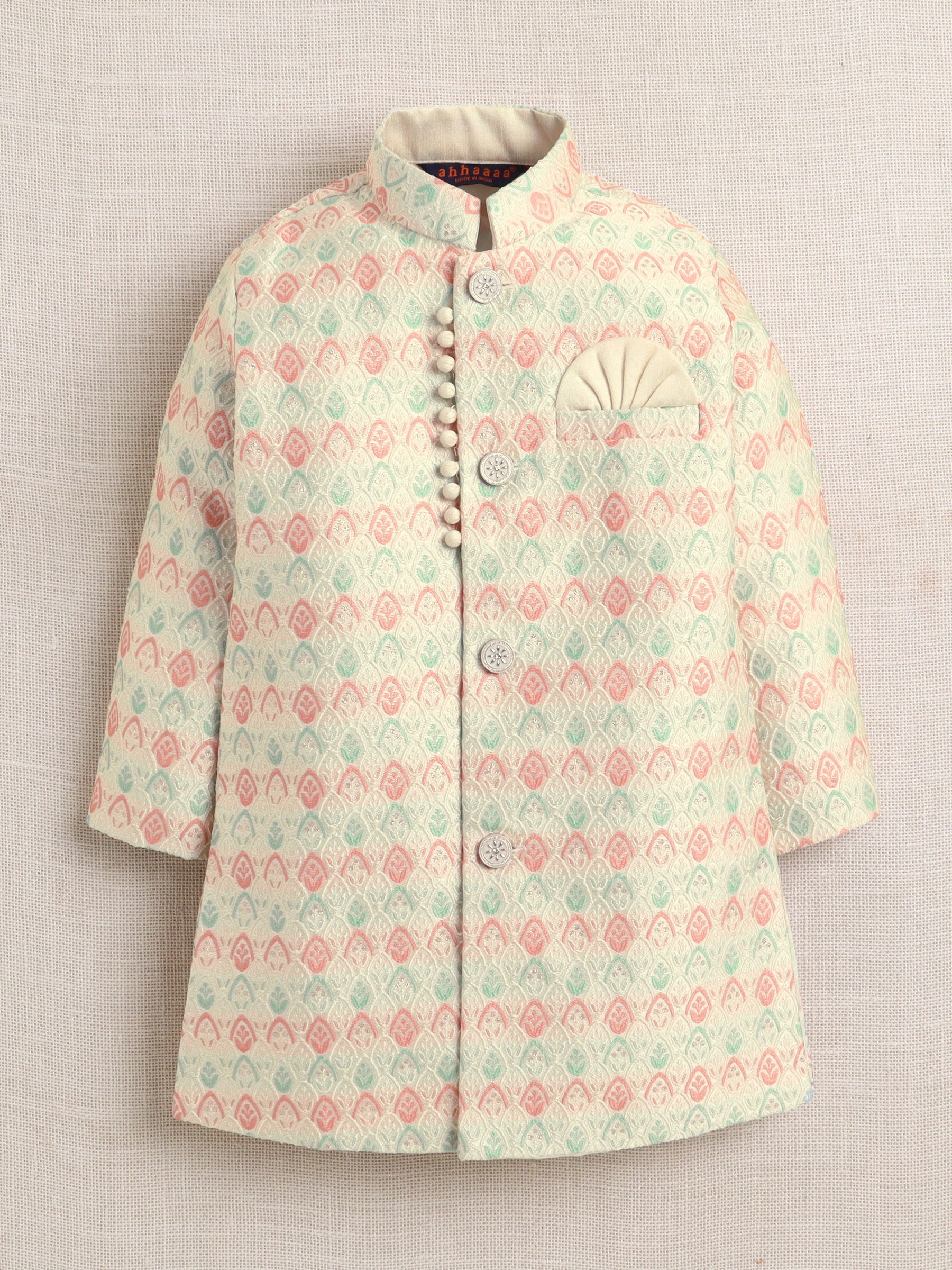 Ahhaaaa Boy's 2-Piece Ethnic Sherwani Set | Cream & Pink/Green Printed Indo-Western Suit with Pyjama | Traditional Kids Wear