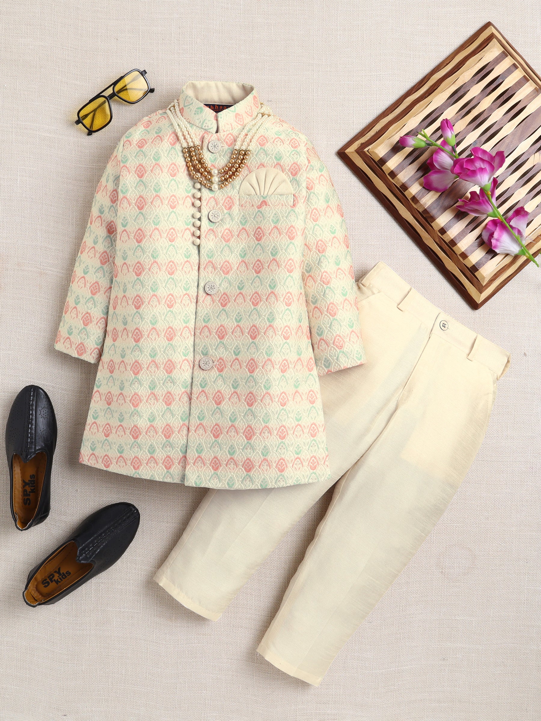 Ahhaaaa Boy's 2-Piece Ethnic Sherwani Set | Cream & Pink/Green Printed Indo-Western Suit with Pyjama | Traditional Kids Wear Cream