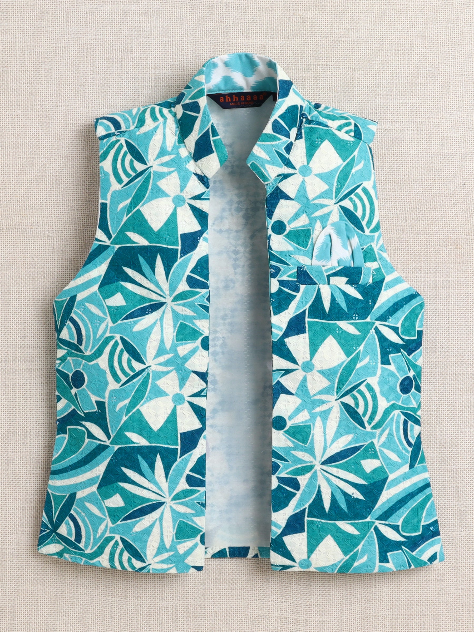 Ahhaaaa Boy's Festive/Wedding Kurta Jacket Set | Blue & White Printed Nehru Jacket w/Kurta & Pyjama | Ethnic Kids Wear | Traditional Indian Outfit
