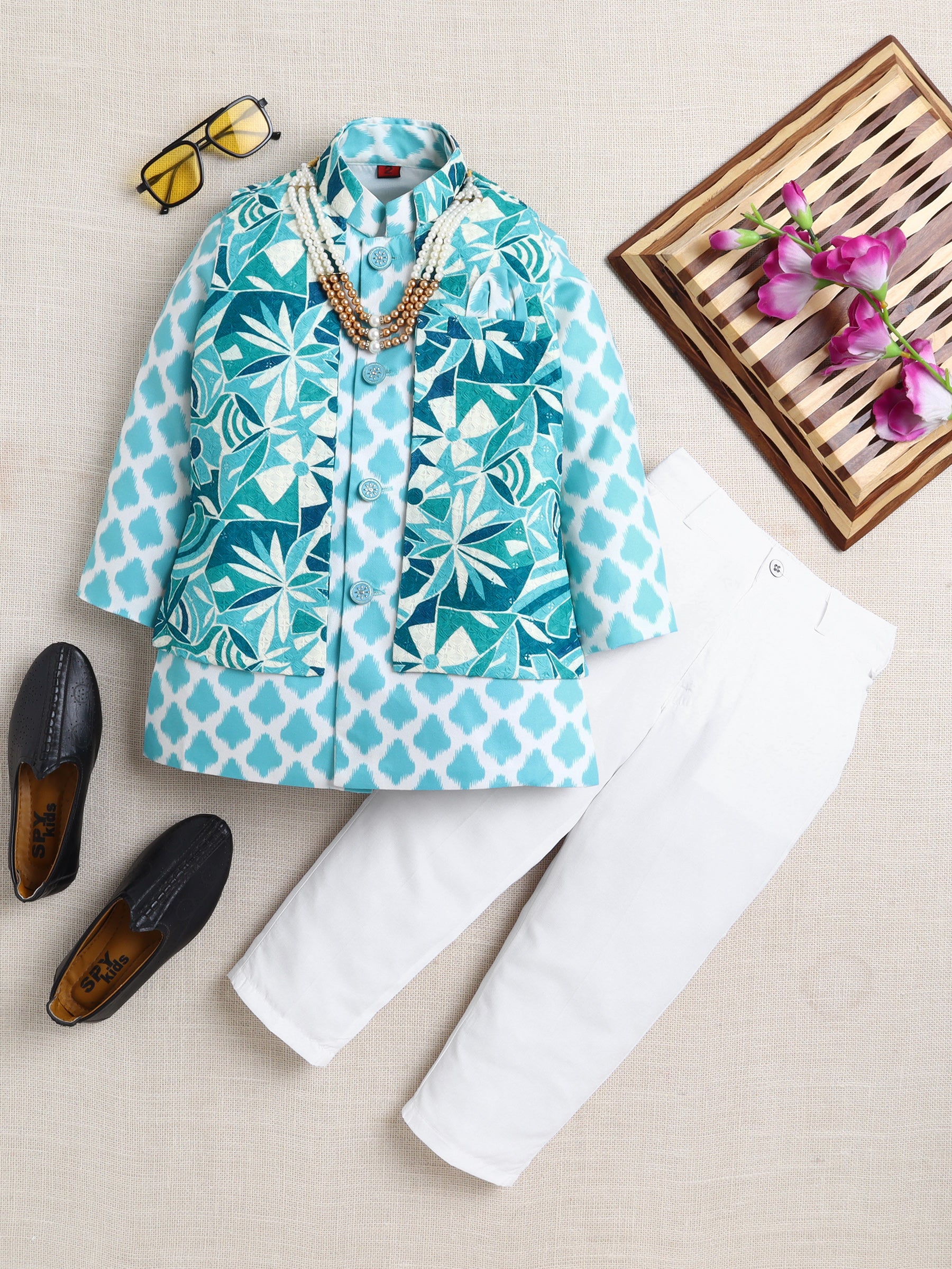 Ahhaaaa Boy's Festive/Wedding Kurta Jacket Set | Blue & White Printed Nehru Jacket w/Kurta & Pyjama | Ethnic Kids Wear | Traditional Indian Outfit Blue