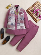 Ahhaaaa Boy's Festive Kurta Jacket Set | Printed Nehru Jacket w/Kurta Pyjama | Ethnic Kids Party Wear | Traditional Indian Outfit Plum