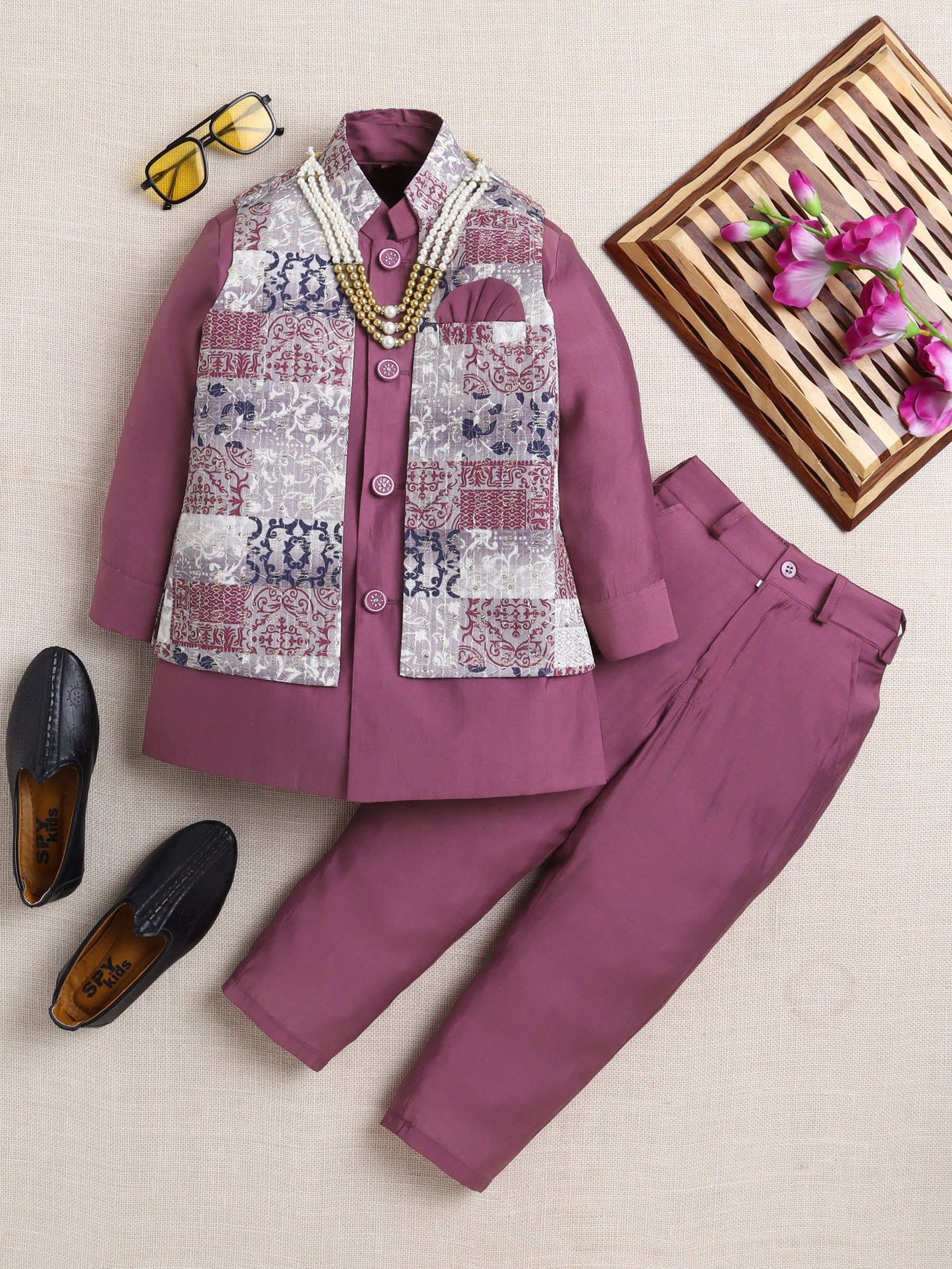 Ahhaaaa Boy's Festive Kurta Jacket Set | Printed Nehru Jacket w/Kurta Pyjama | Ethnic Kids Party Wear | Traditional Indian Outfit Plum