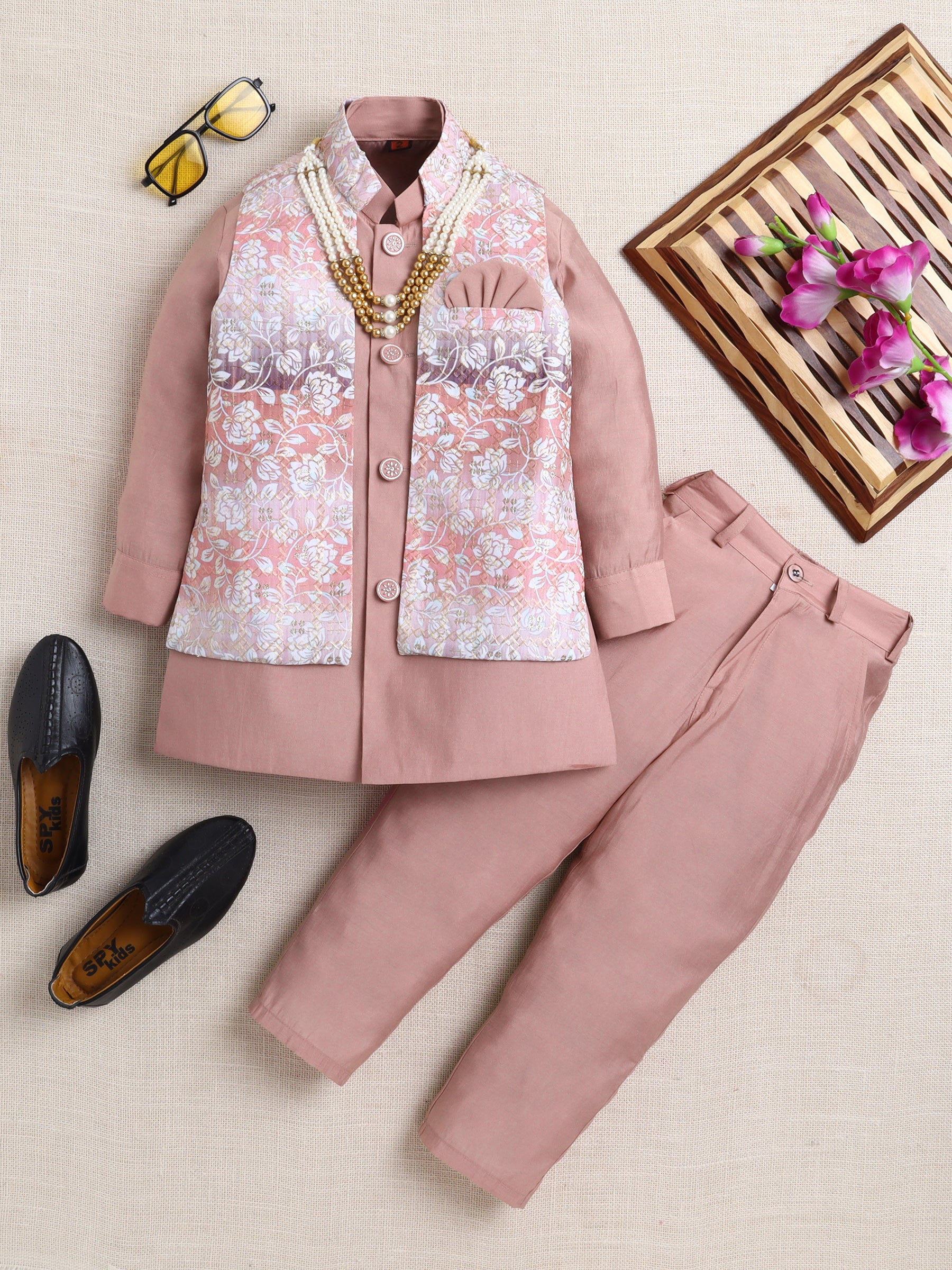 Ahhaaaa Boy's Festive Kurta Jacket Set | Printed Nehru Jacket w/Kurta Pyjama | Ethnic Kids Party Wear | Traditional Indian Outfit Pink