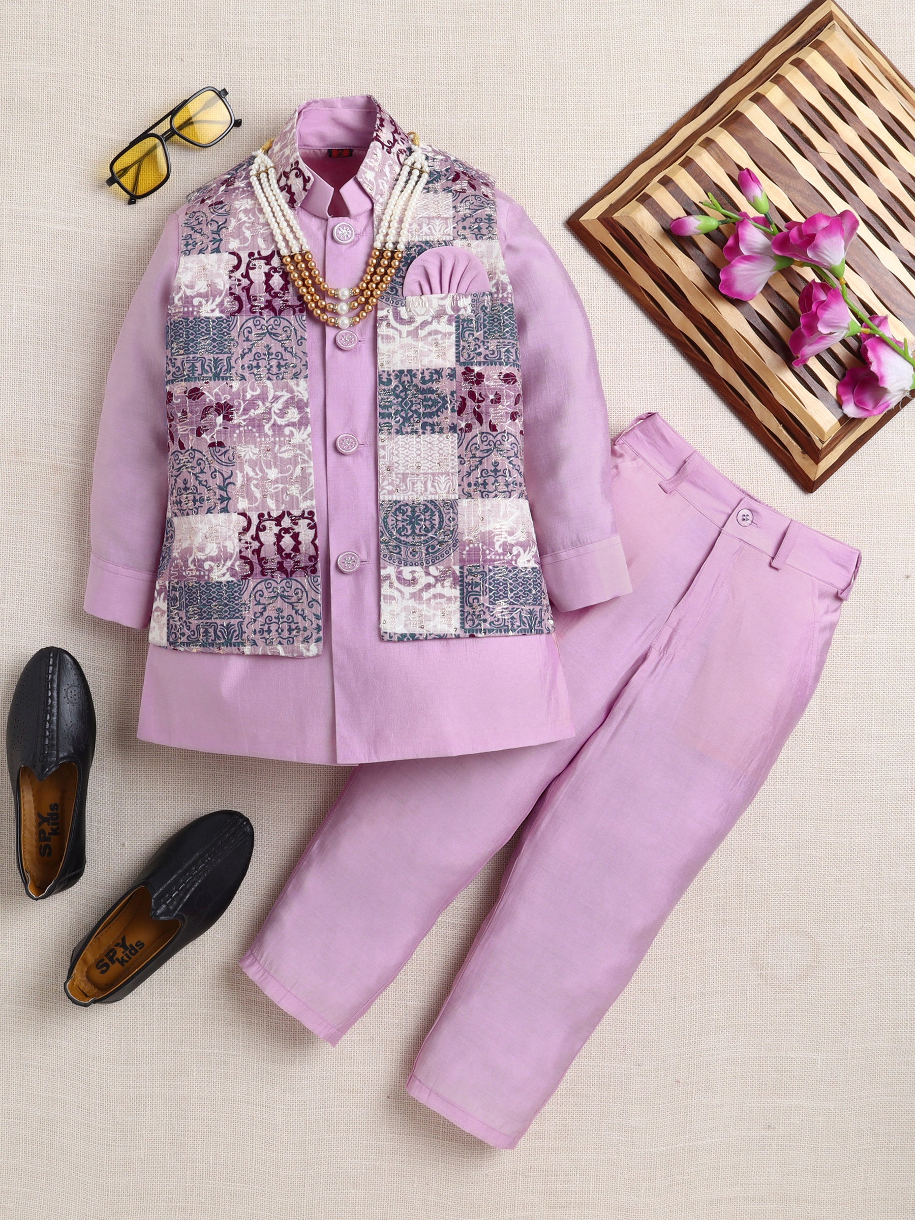 Ahhaaaa Boy's Festive Kurta Jacket Set | Printed Nehru Jacket w/Kurta Pyjama | Ethnic Kids Party Wear | Traditional Indian Outfit Lavender
