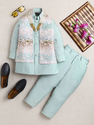 Ahhaaaa Boy's Festive Kurta Jacket Set | Printed Nehru Jacket w/Kurta Pyjama | Ethnic Kids Party Wear | Traditional Indian Outfit Green