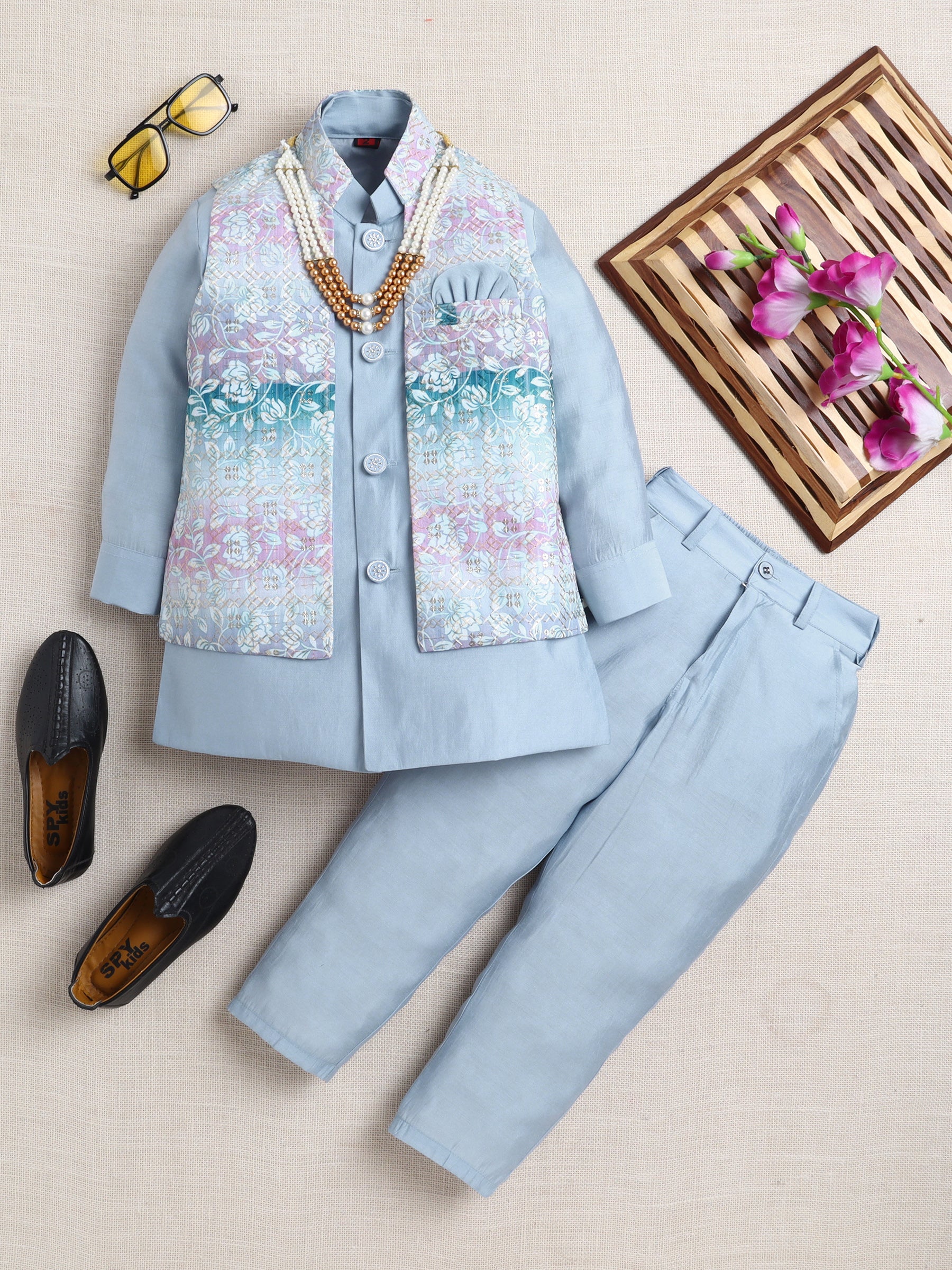 Ahhaaaa Boy's Festive Kurta Jacket Set | Printed Nehru Jacket w/Kurta Pyjama | Ethnic Kids Party Wear | Traditional Indian Outfit Blue