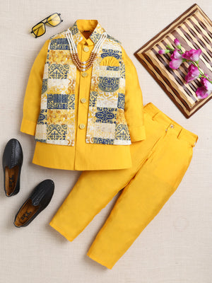 Ahhaaaa Boy's Festive Kurta Jacket Set | Printed Nehru Jacket w/Kurta Pyjama | Ethnic Kids Party Wear | Traditional Indian Outfit Mustard