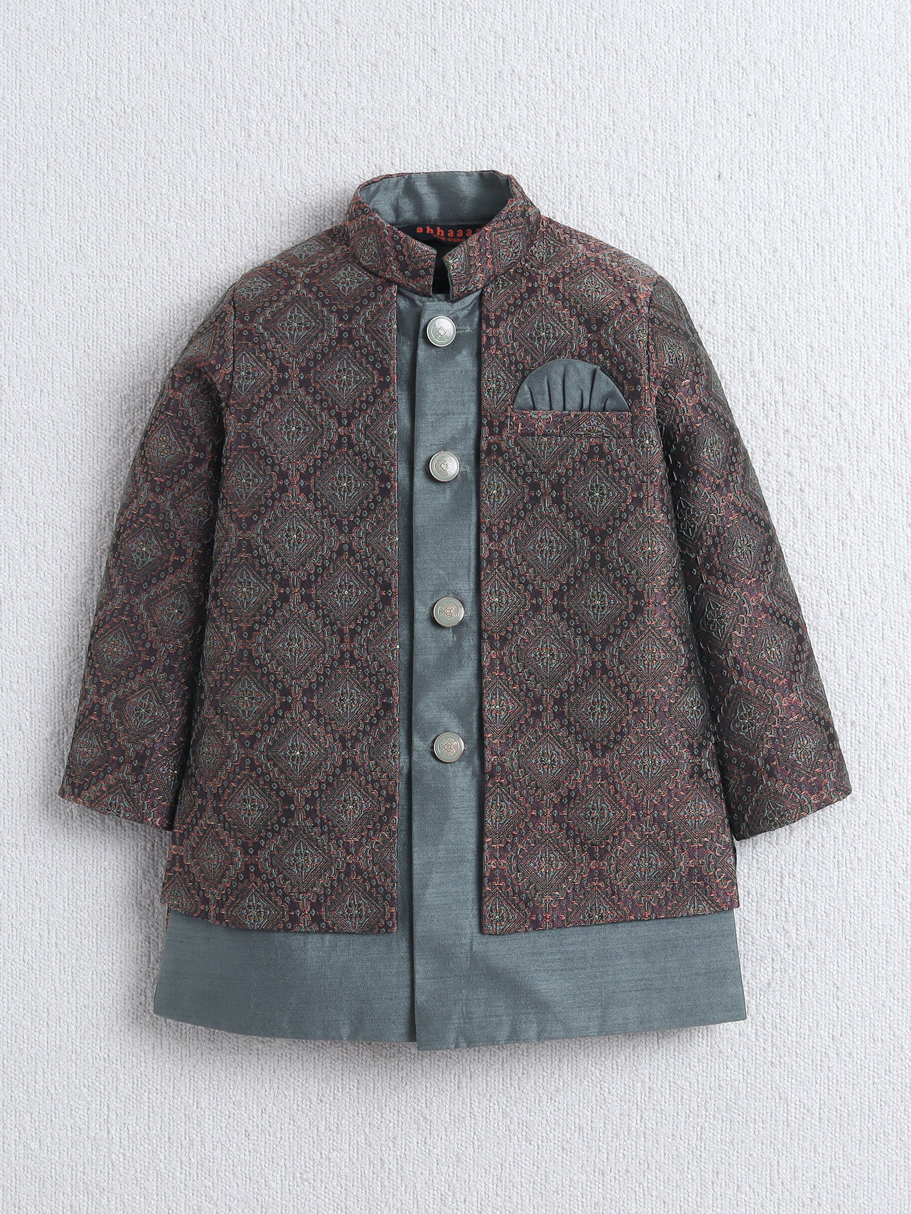 Ahhaaaa Boys Woven Brocade Jacket Style Indo Western Sherwani Set Kurta Pyjama Suit for Kids