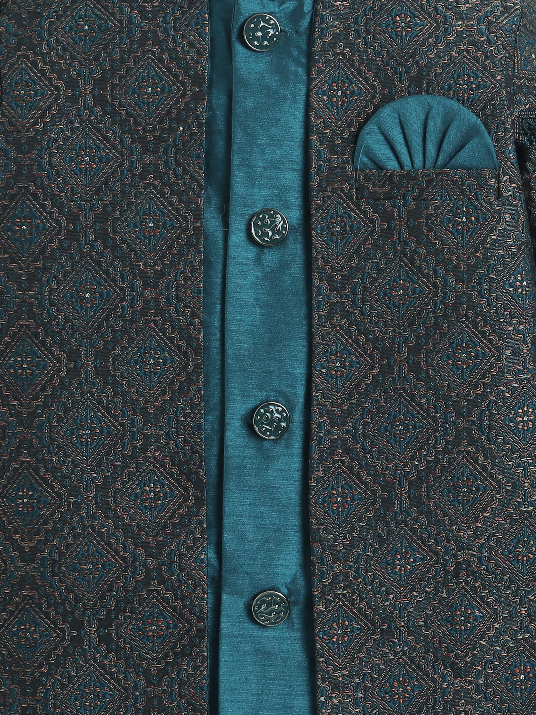 Ahhaaaa Boys Woven Brocade Jacket Style Indo Western Sherwani Set Kurta Pyjama Suit for Kids