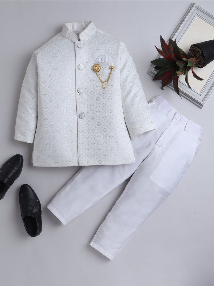 Ahhaaaa Boy's Cotton 2 Piece Indo-Western Set/Kids Ethnic Wear Jaquard Sherwani White