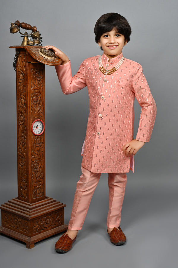 Ahhaaaa Kids Ethnic Silk Blend traditional Wear Sequin Print Indo-Western Sherwani Set For Boys