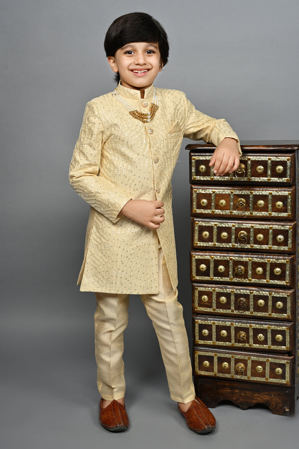 Ahhaaaa Kids Ethnic Silk Blend traditional Wear Sequin Print Indo-Western Sherwani Set For Boys