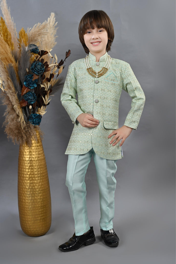 Ahhaaaa Kids Ethnic Indo-Western 2-Piece Traditional Wedding Jodhpuri Style Sherwani For Boys Blue