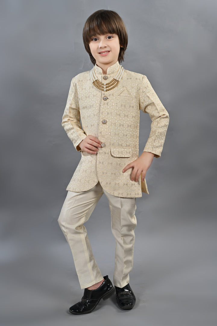 Ahhaaaa Kids Ethnic Indo-Western 2-Piece Traditional Wedding Jodhpuri Style Sherwani For Boys Gold