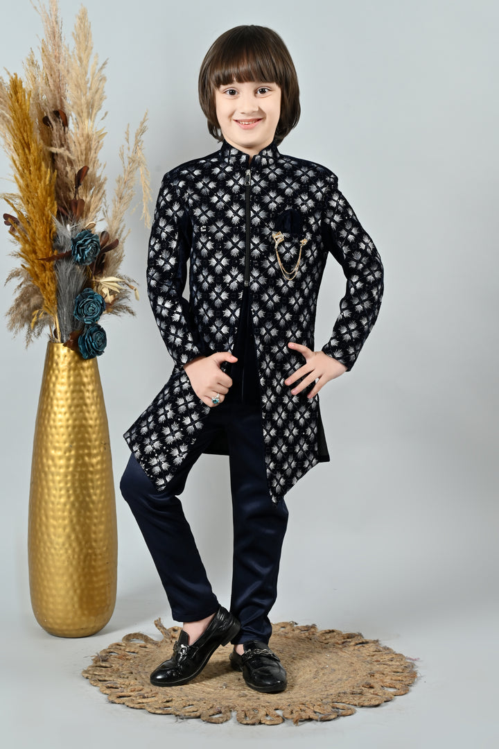 Ahhaaaa Boy's Velvet Work 2-Piece Indo-Western Set|Kids Embroidered Velvet Sherwani Set for Boy|Zipper Closer||