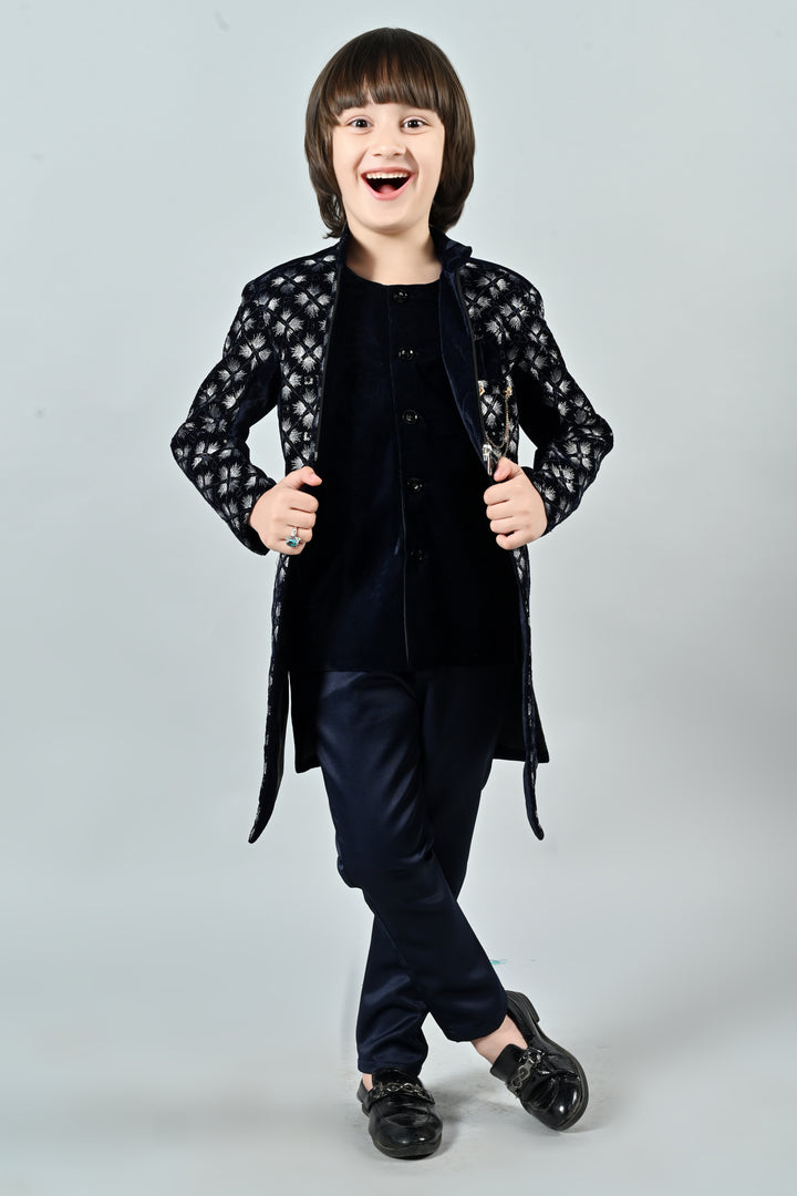 Ahhaaaa Boy's Velvet Work 2-Piece Indo-Western Set|Kids Embroidered Velvet Sherwani Set for Boy|Zipper Closer||