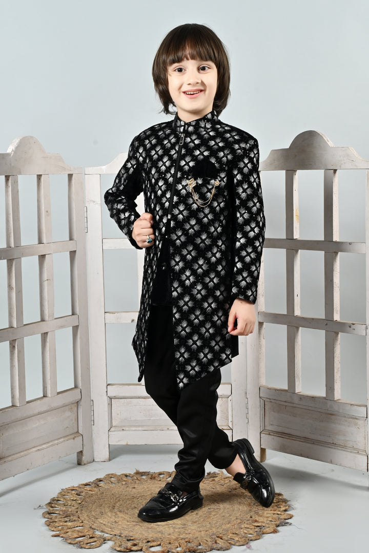 Ahhaaaa Boy's Velvet Work 2-Piece Indo-Western Set|Kids Embroidered Velvet Sherwani Set for Boy|Zipper Closer||