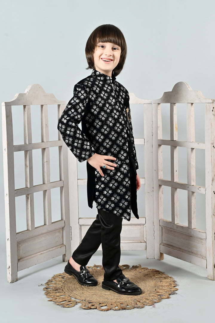 Ahhaaaa Boy's Velvet Work 2-Piece Indo-Western Set|Kids Embroidered Velvet Sherwani Set for Boy|Zipper Closer||