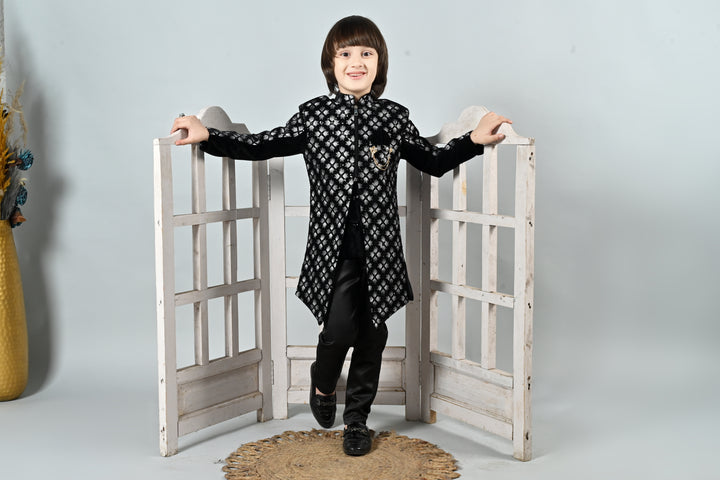 Ahhaaaa Boy's Velvet Work 2-Piece Indo-Western Set|Kids Embroidered Velvet Sherwani Set for Boy|Zipper Closer||